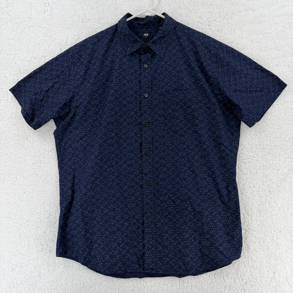 Uniqlo Mens XL Blue‎ Short Sleeve Button Front Cotton Geometric Shirt 331-417077